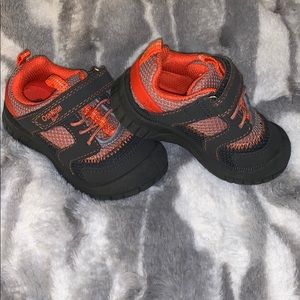 Gray and orange sneakers